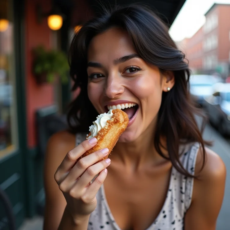 Mulher latina saboreando um cannoli no North End de Boston.