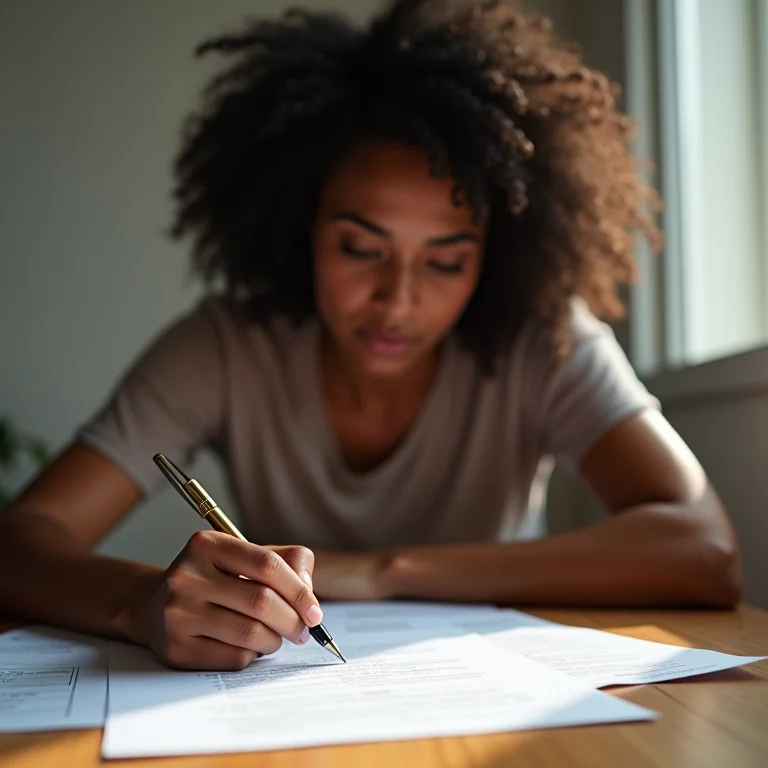 Mulher latina segurando uma caneta sobre papéis de divórcio com expressão triste.