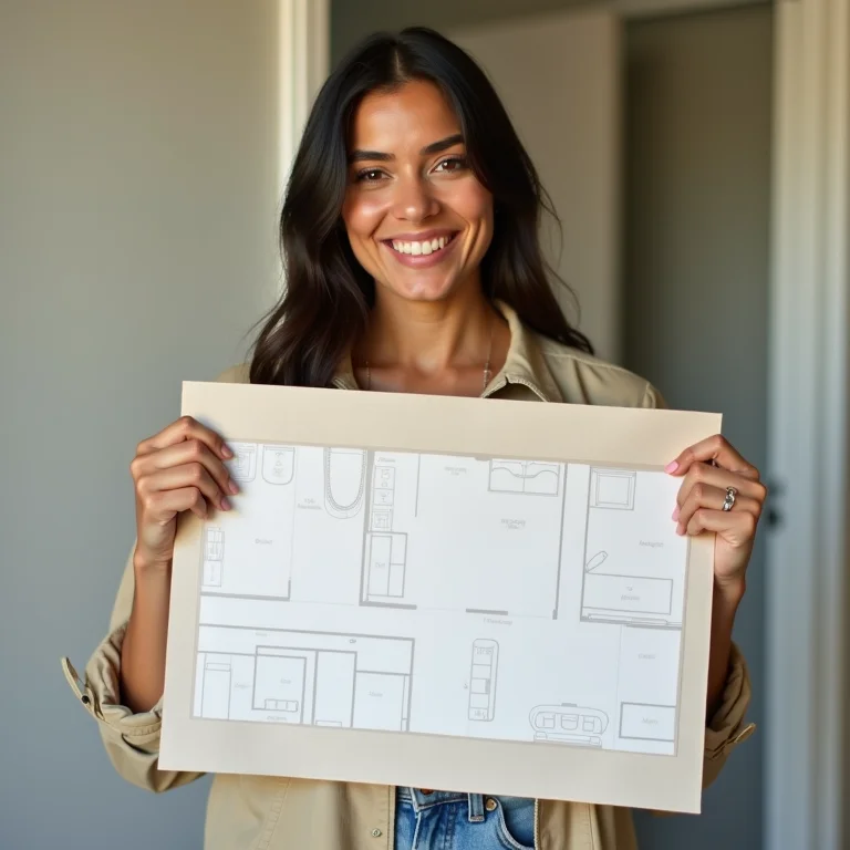 Mulher latina sorrindo e segurando planta baixa de banheiro.