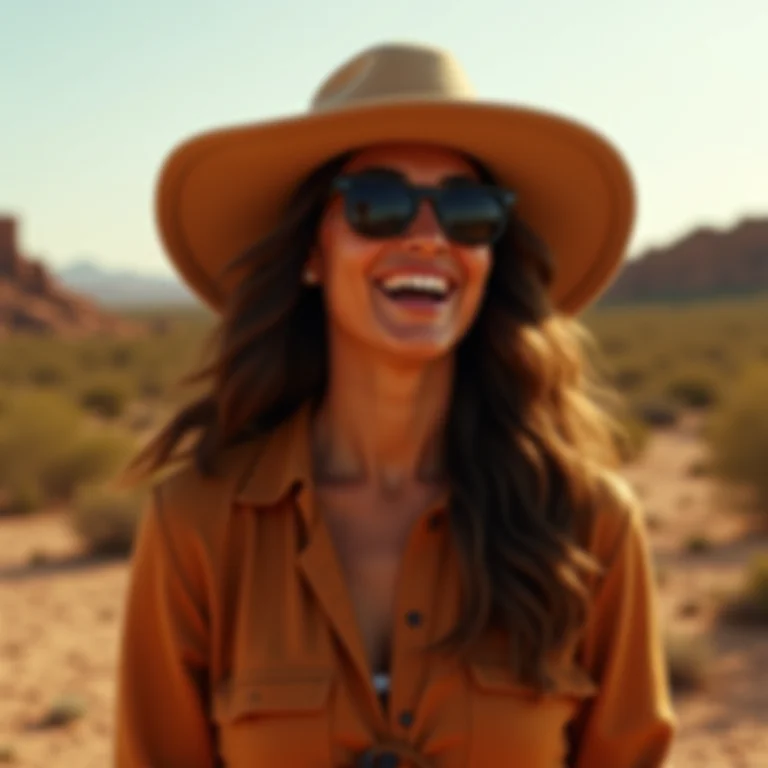 Mulher latina sorrindo no Deserto do Atacama com chapéu e óculos de sol
