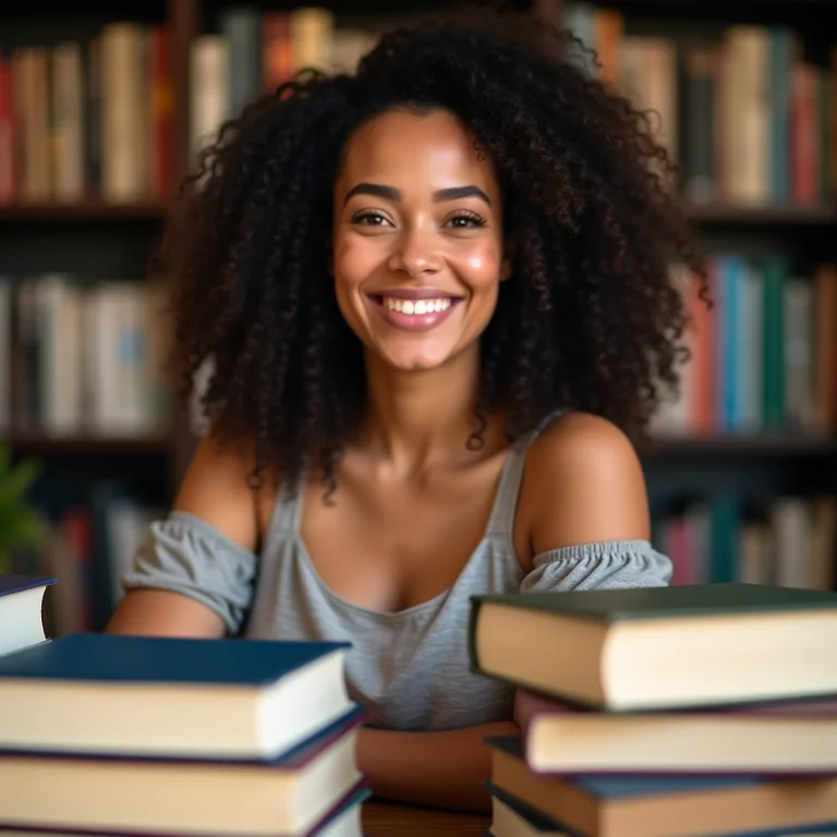 Mulher latina sorrindo rodeada de livros de estudo para o concurso da PM