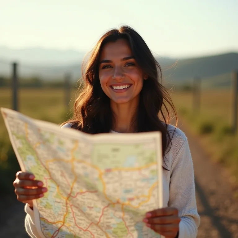Mulher latina sorrindo segurando mapa em área rural