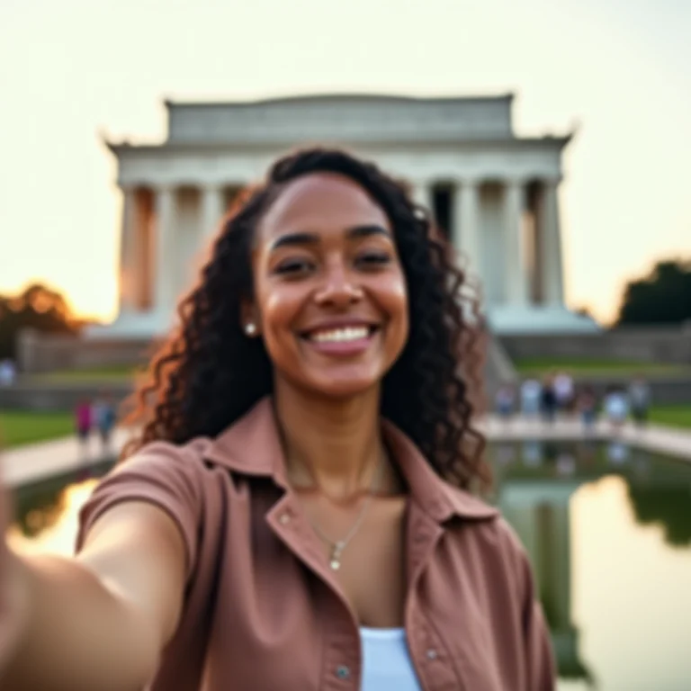 Mulher latina tirando uma selfie em frente ao Lincoln Memorial