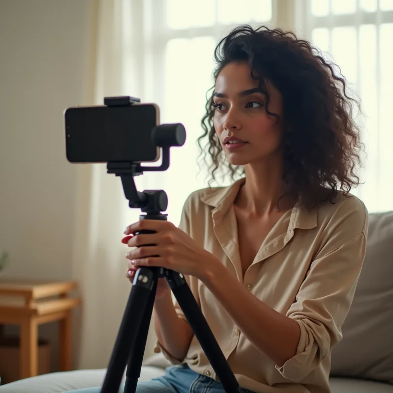 Mulher latina usando estabilizador de celular para gravar vídeos
