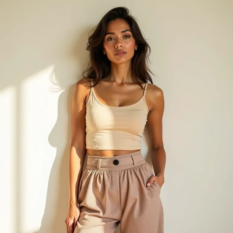 Mulher latina usando estampa neutra.