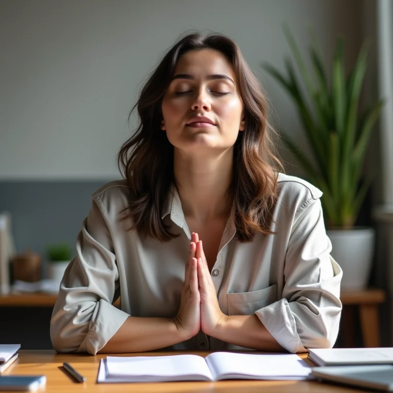 Mulher med-size controlando o nervosismo antes da prova.