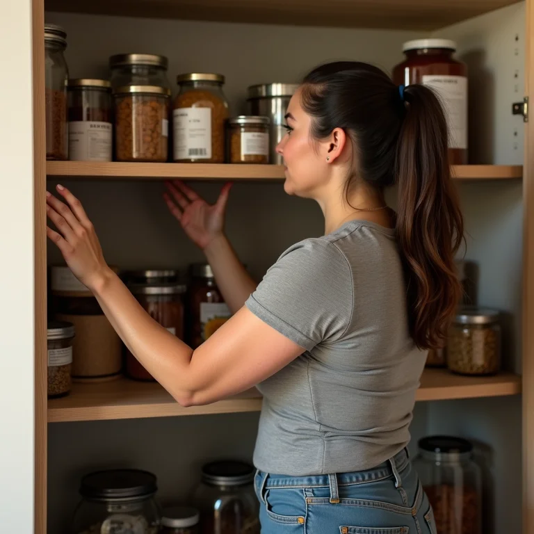 Mulher mid-size ajustando as prateleiras da despensa.