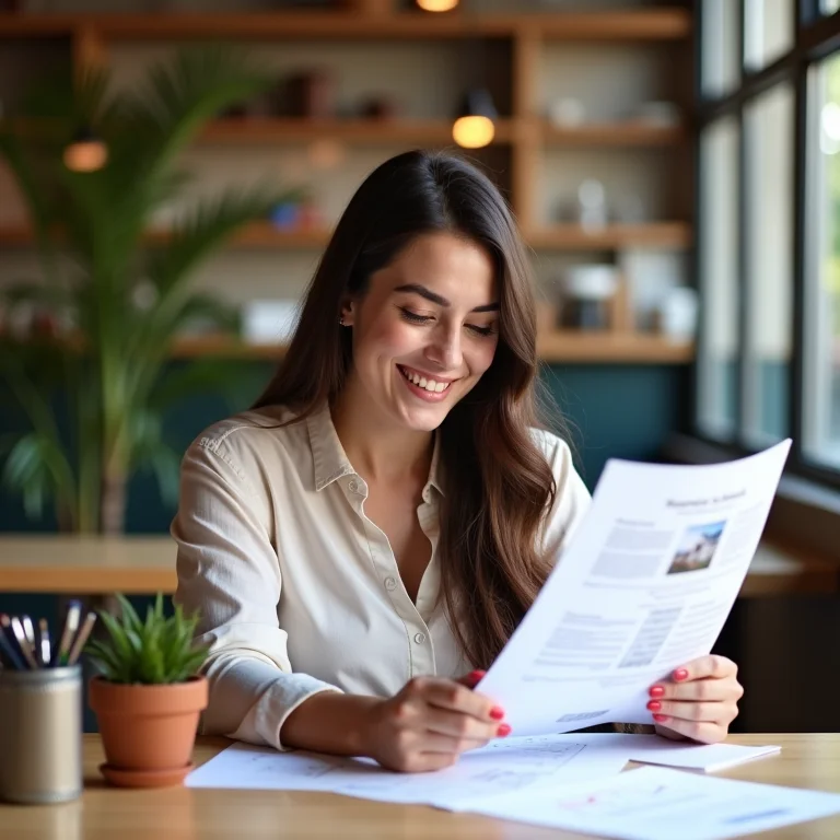 Mulher mid-size analisando laudo de imóvel em café