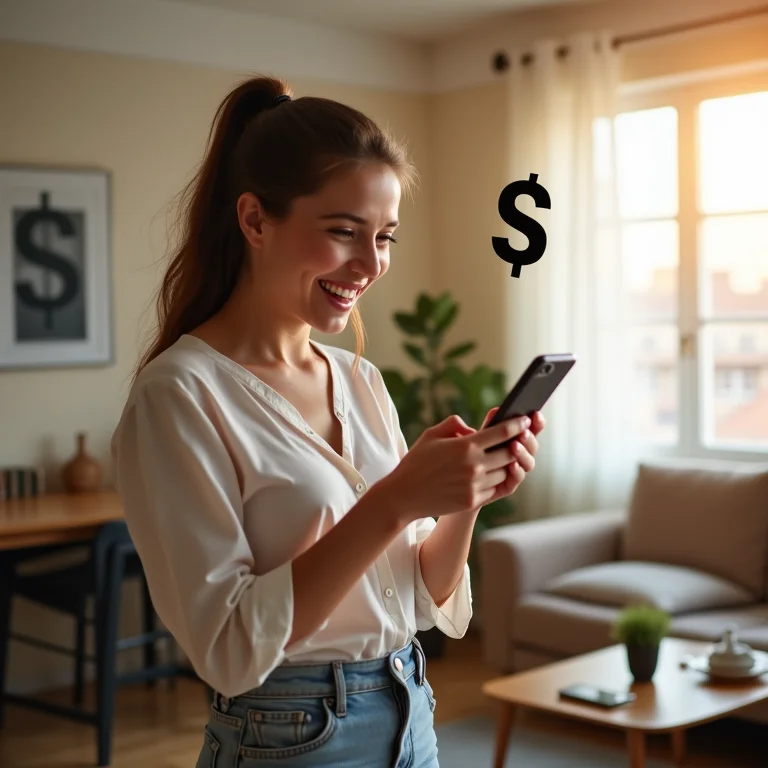 Mulher mid-size animada vendo valorização de BDRs no app