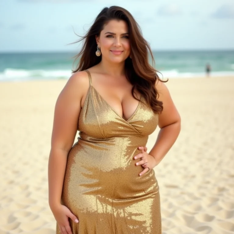 Mulher mid-size com vestido dourado brilhante na praia
