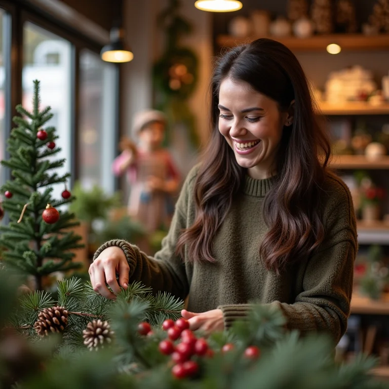 Mulher mid-size decorando loja com elementos naturais de Natal