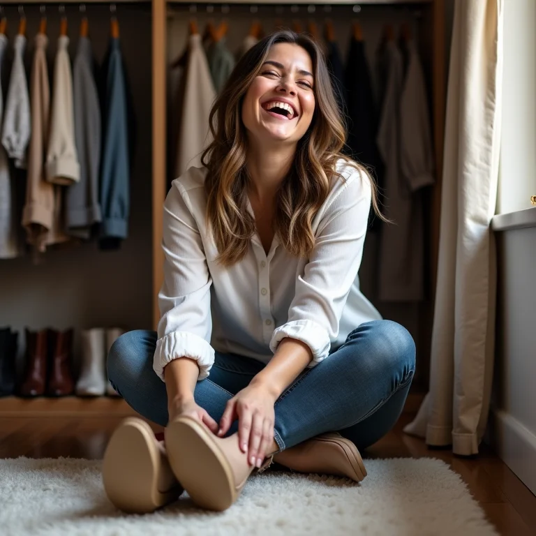 Mulher mid-size experimentando sapatos confortáveis