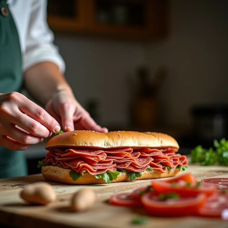 Mulher mid-size montando cuidadosamente um sanduíche de mortadela.