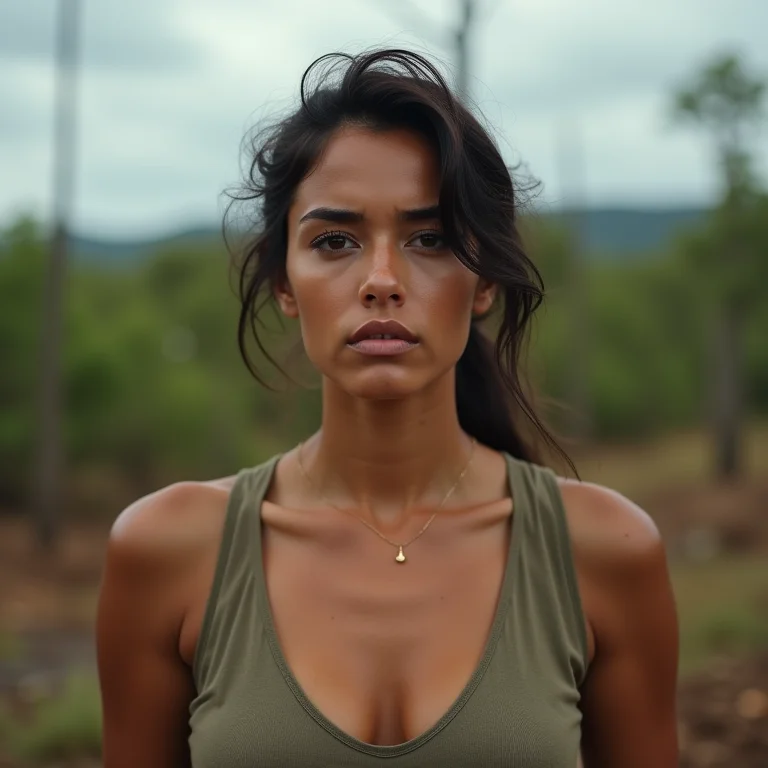 Mulher mid-size olhando preocupada para área desmatada na Caatinga.