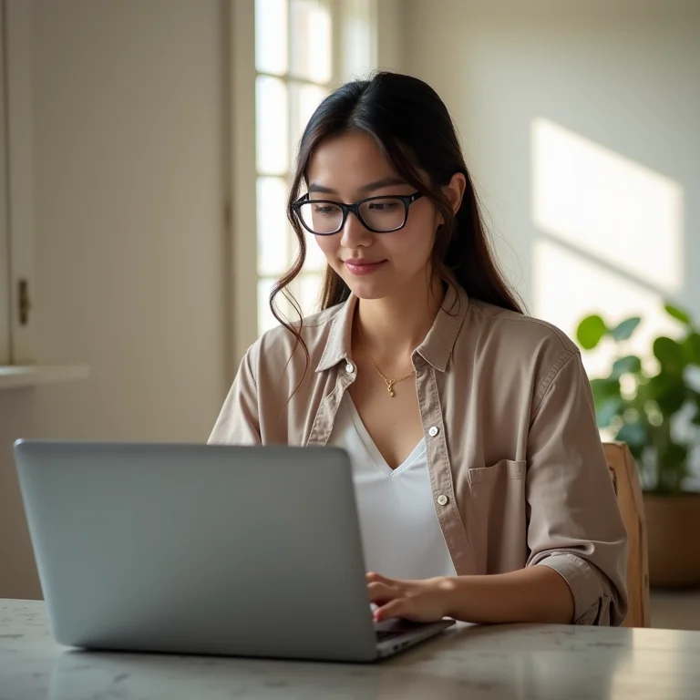 Mulher mid-size pesquisando opções de investimento no laptop