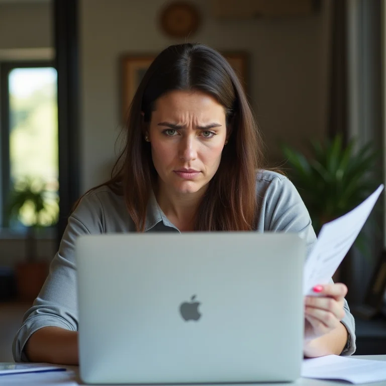 Mulher mid-size revisando documentos fiscais no laptop.