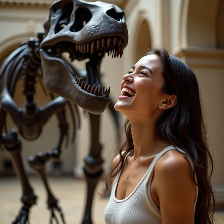 Mulher mid-size rindo ao observar um esqueleto de dinossauro no Museu Nacional de História Natural