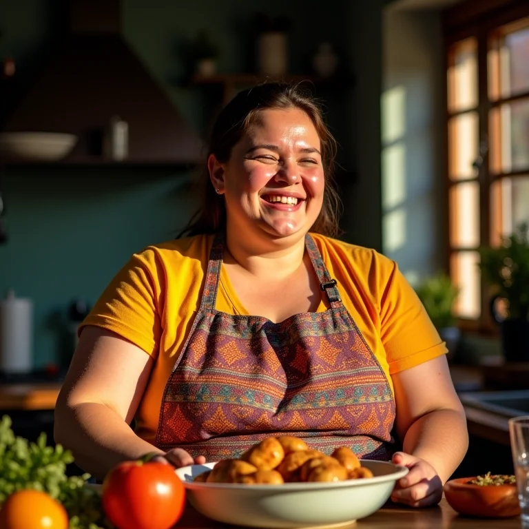 Mulher mid-size rindo enquanto prepara Baião de Dois.