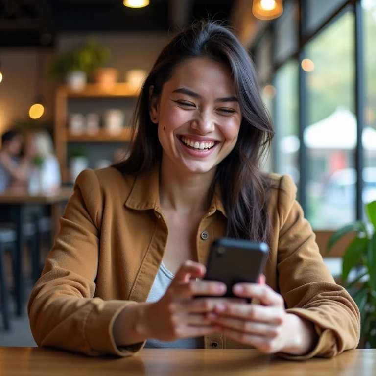 Mulher mid-size rindo enquanto usa um simulador de investimento.