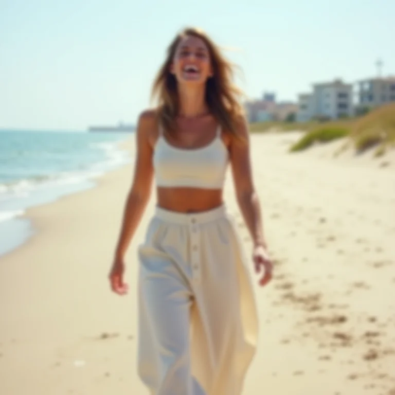 Mulher mid-size rindo usando calças pantalonas de linho e top cropped na orla