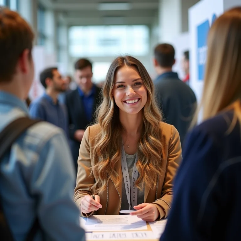 Mulher mid-size sorrindo e conversando em uma feira de intercâmbio