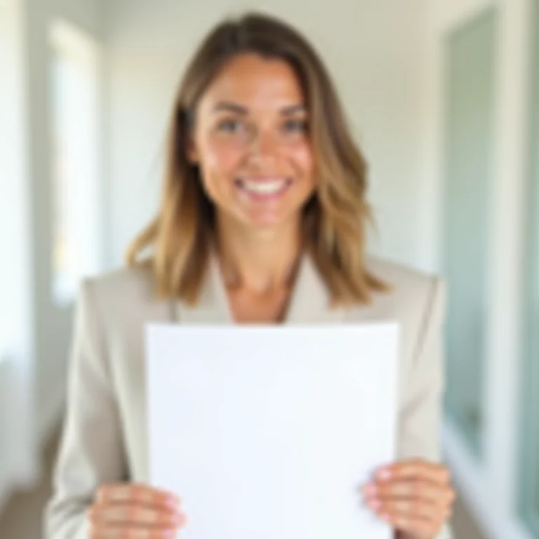 Mulher mid-size sorrindo e destacando pontos importantes em um documento, representando como interpretar uma sentença.