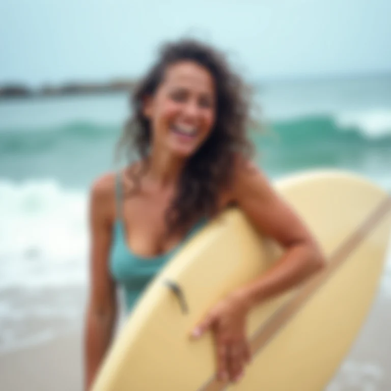 Mulher mid-size sorrindo em Ubatuba segurando prancha de surf