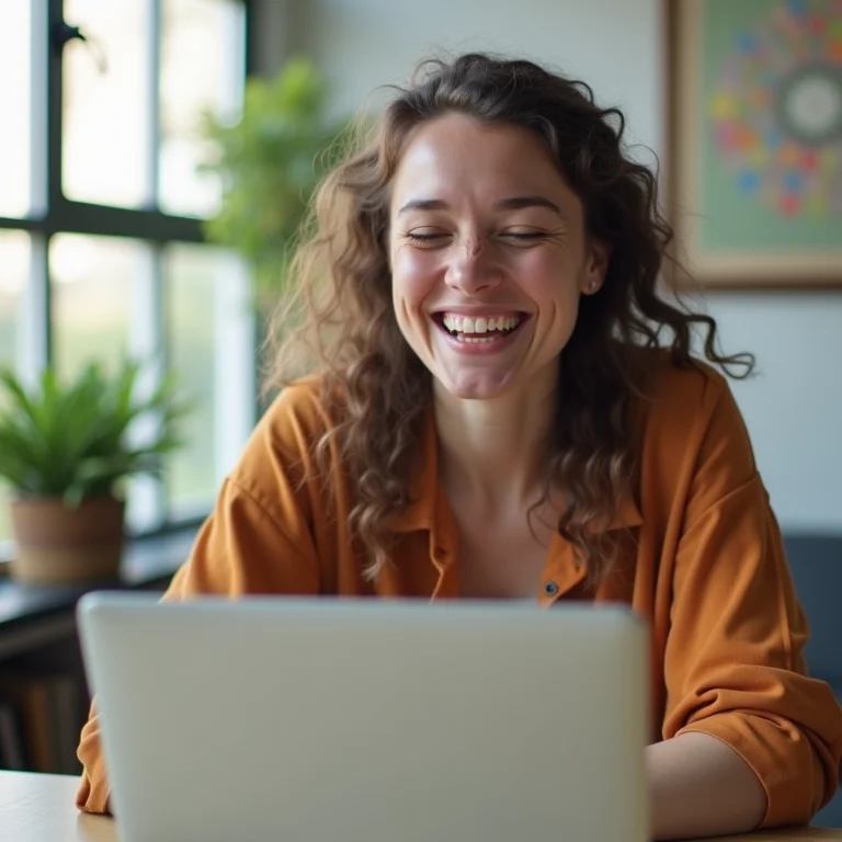Mulher mid-size sorrindo enquanto contribui para um projeto open source.