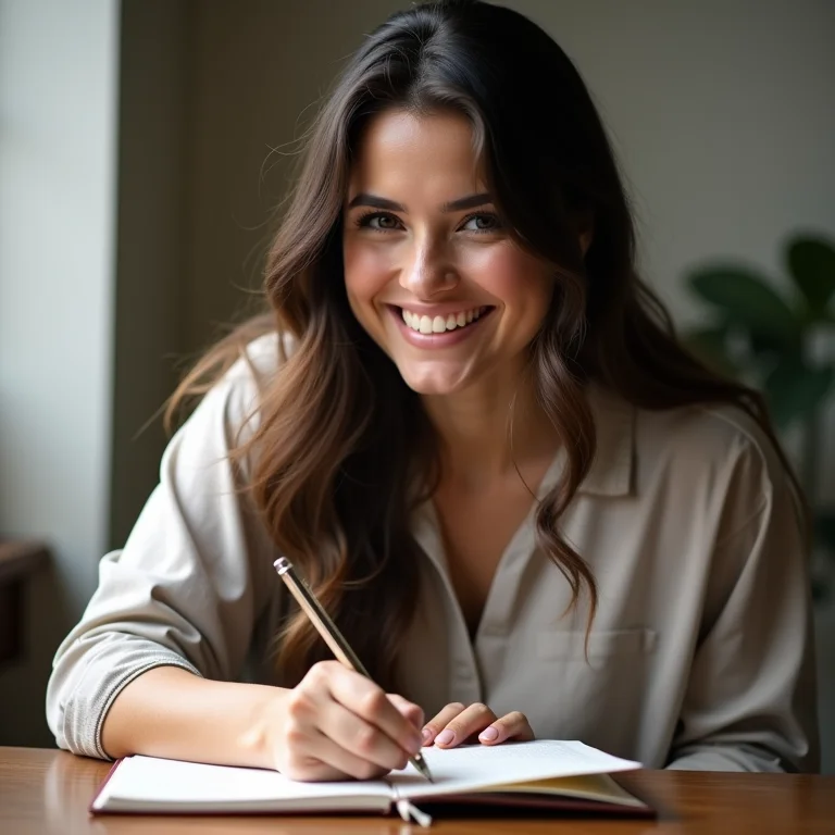 Mulher mid-size sorrindo enquanto escreve em um diário.