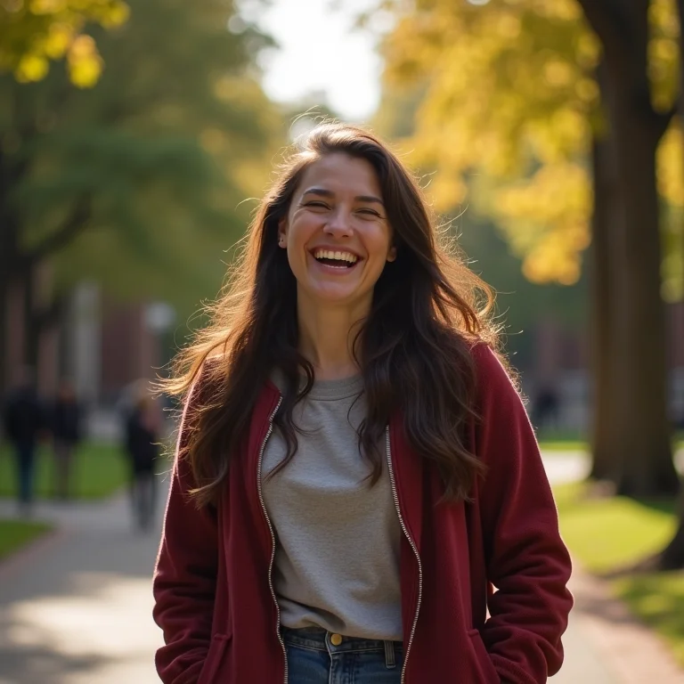 Mulher mid-size sorrindo no campus da Universidade de Harvard.
