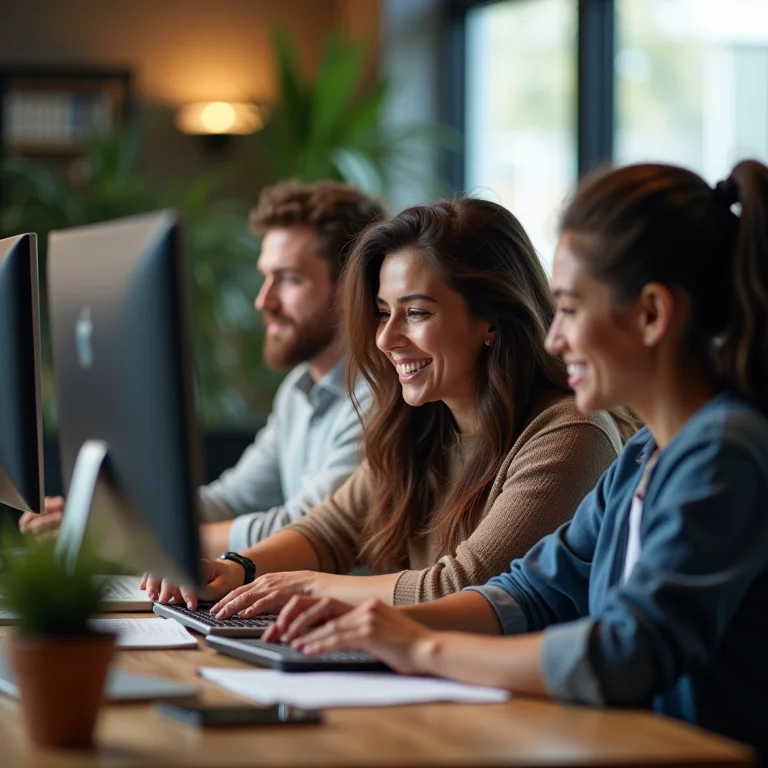 Mulher mid-size trabalhando em projeto de programação colaborativo, representando projetos colaborativos de destaque.