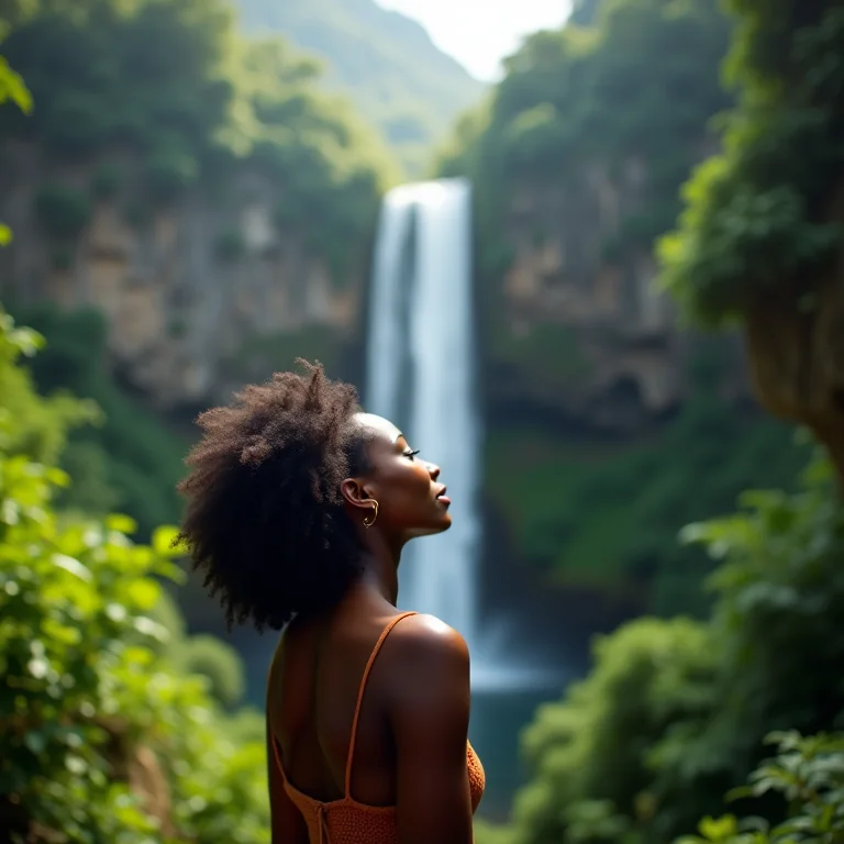 Mulher negra admirando o Salto Ángel, Venezuela