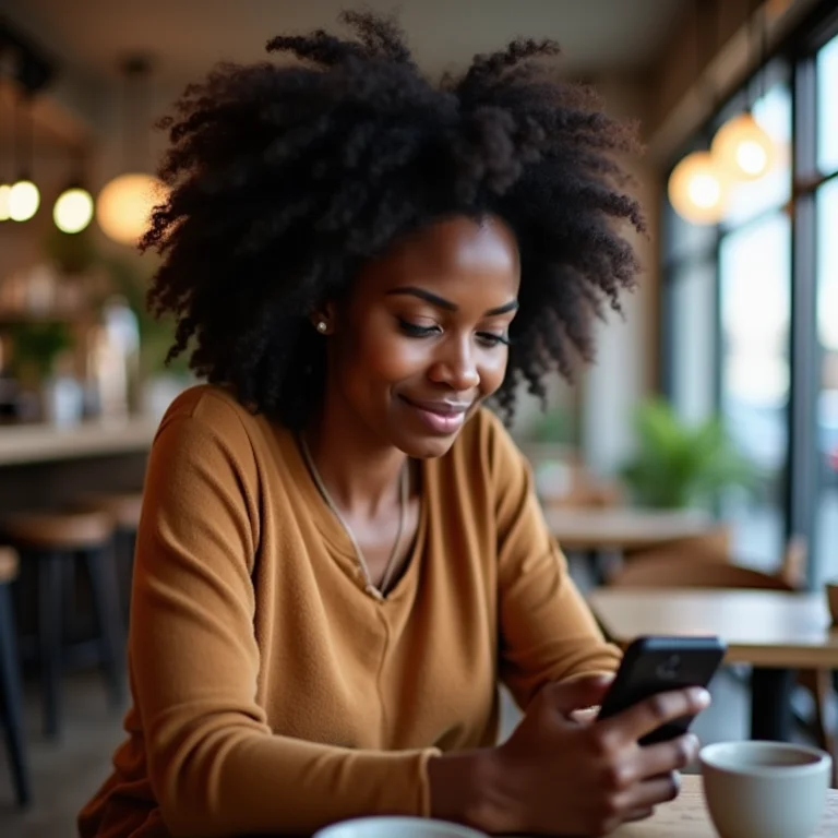 Mulher negra analisando dados no celular em cafeteria