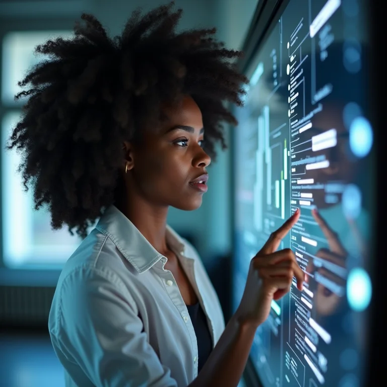 Mulher negra analisando diagrama blockchain