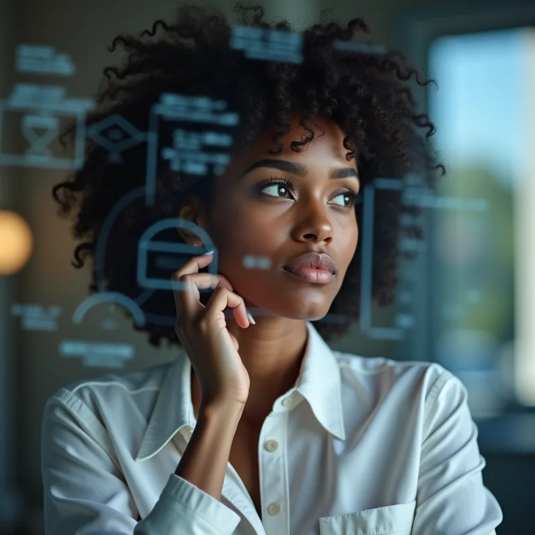 Mulher negra analisando diagrama complexo sobre computação quântica.