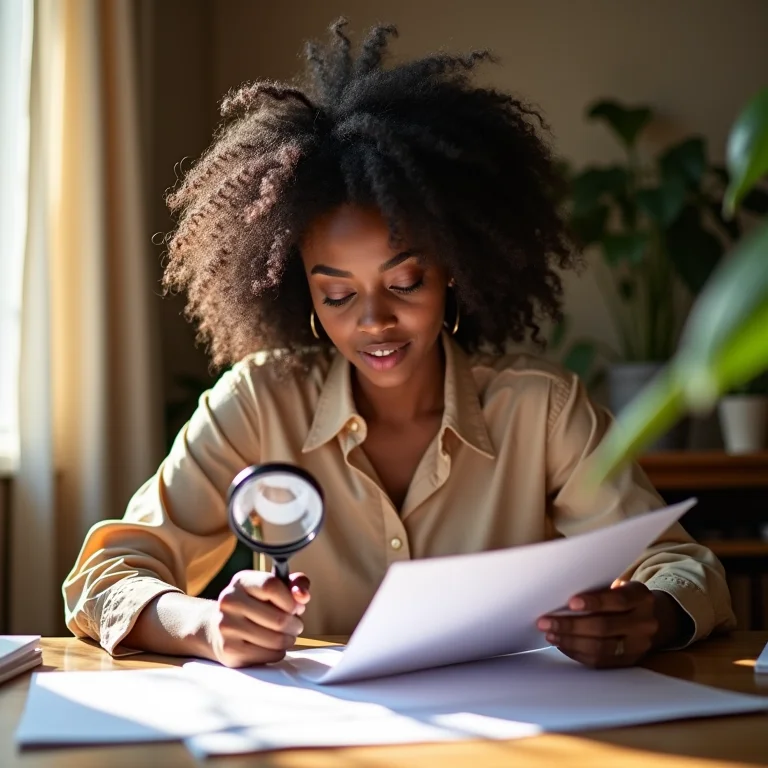 Mulher negra analisando documentos com lupa, representando a produção de provas em um processo de família.