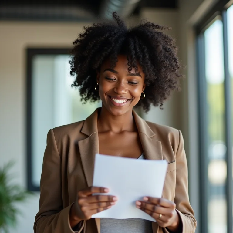 Mulher negra analisando documentos em escritório moderno