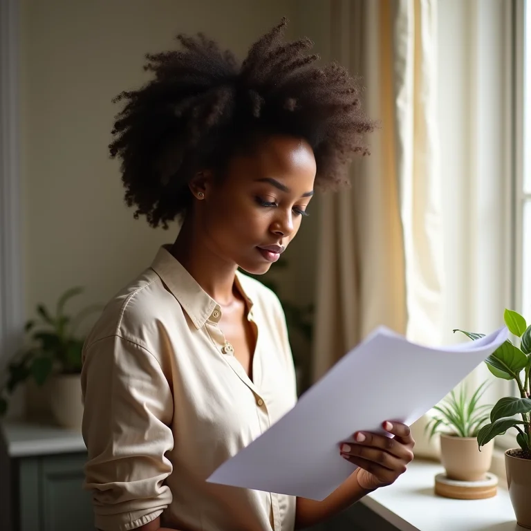 Mulher negra analisando documentos legais com expressão pensativa.