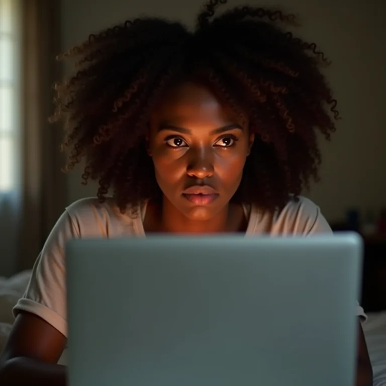 Mulher negra analisando site com design amador