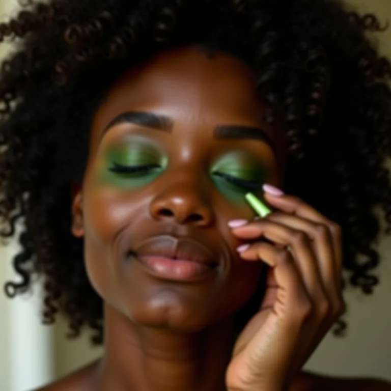 Mulher negra aplicando corretivo verde nas olheiras