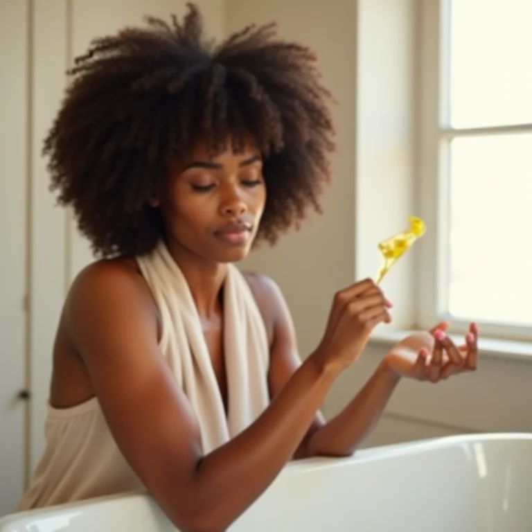 Mulher negra aplicando óleo de banho no braço.
