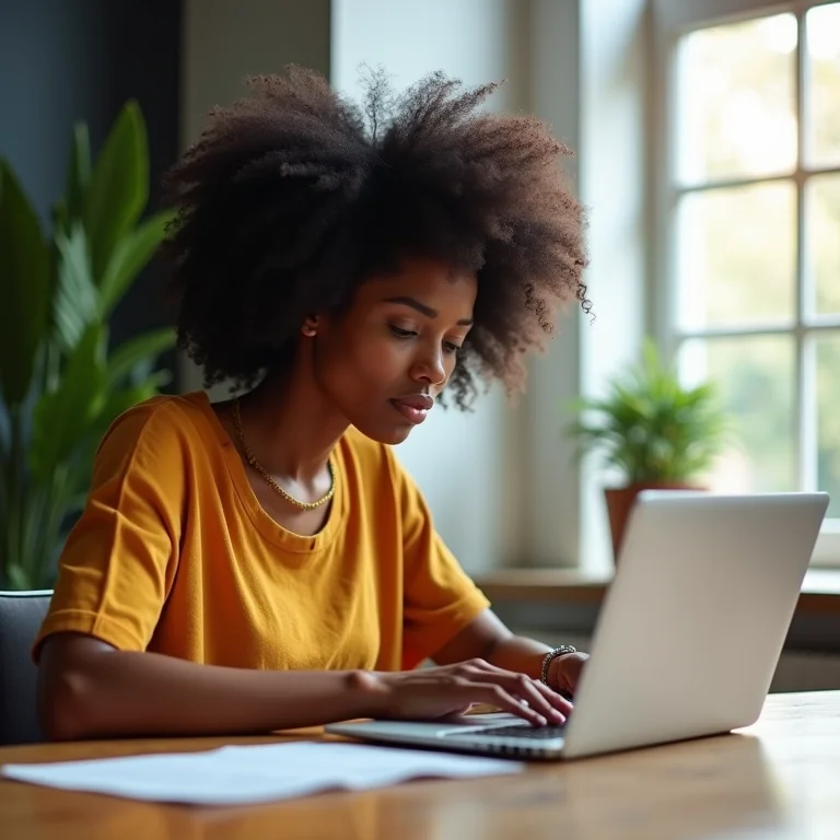 Mulher negra aprendendo a programar com linguagens textuais.