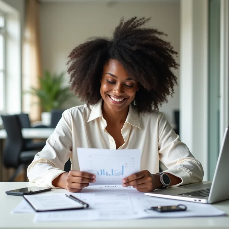 Mulher negra autônoma sorrindo ao analisar suas finanças.