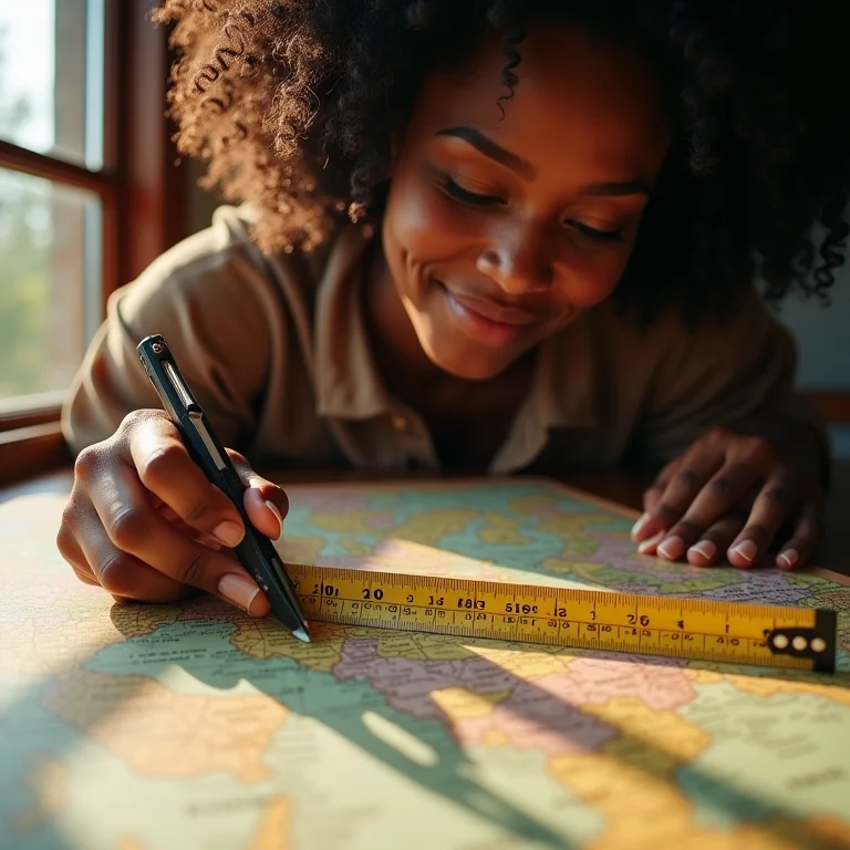 Mulher negra calculando distâncias em mapa rodoviário