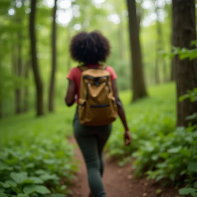 Mulher negra caminhando em floresta verde