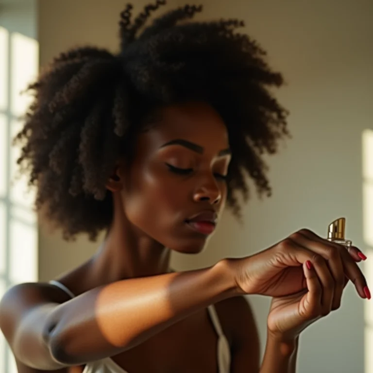 Mulher negra com cabelo cacheado cheirando o pulso perfumado.