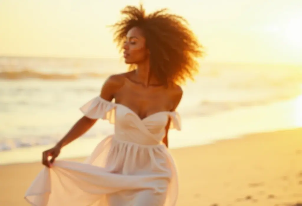 Saída de Praia Chique: O guia definitivo para arrasar no verão Mulher negra com cabelo cacheado e vestido branco aproveitando a praia ao pôr do sol
