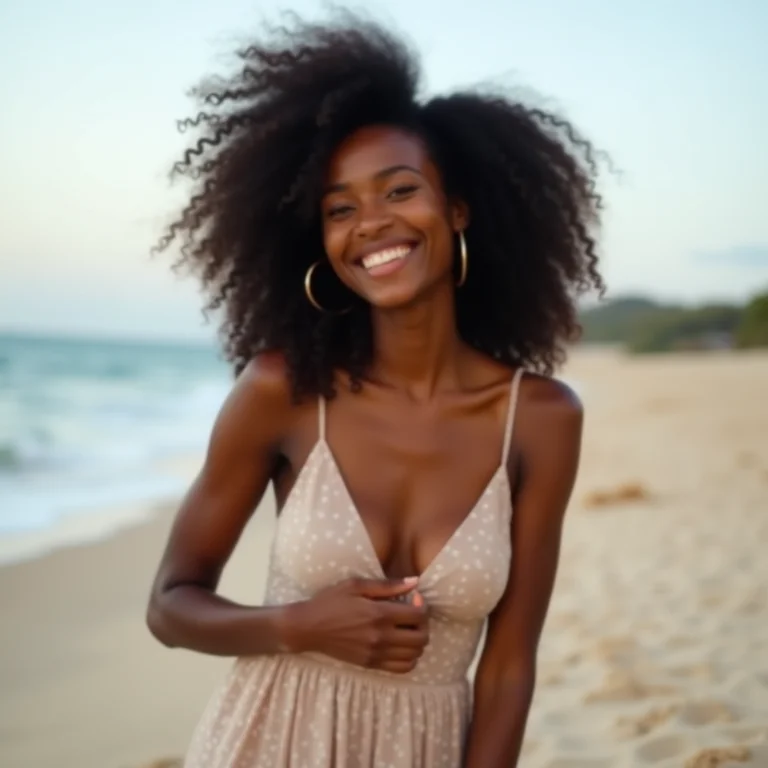 Mulher negra com cabelo cacheado em casamento na praia.