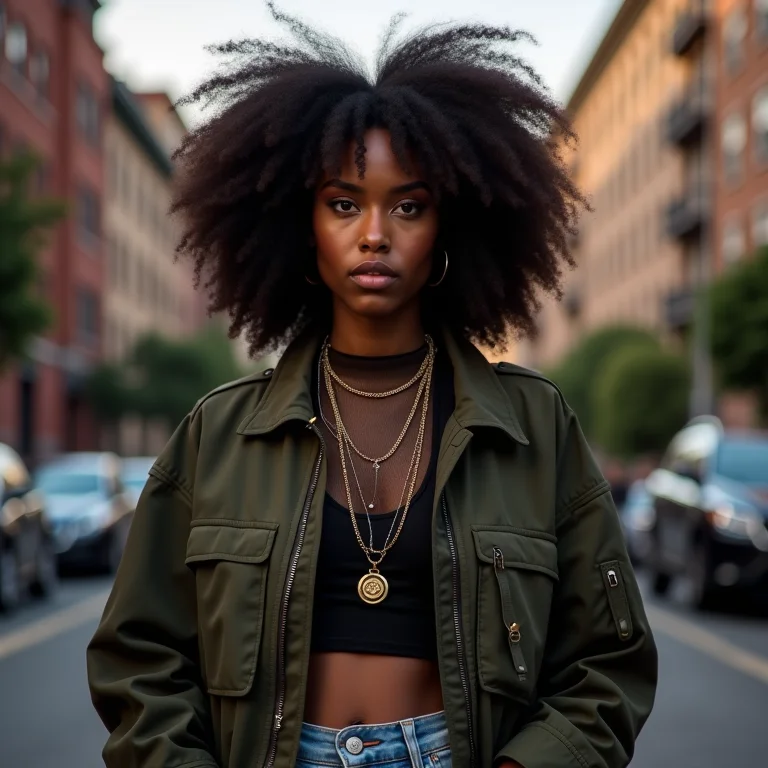 Mulher negra com cabelo cacheado em look streetwear