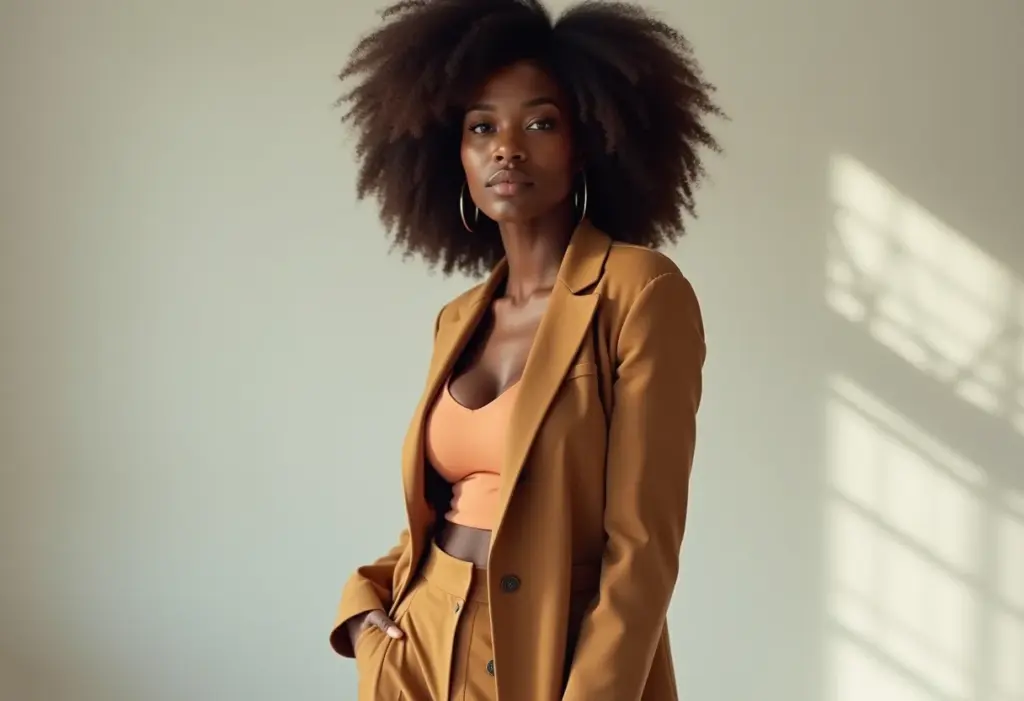 Quadril largo? 5 truques de moda que alongam a silhueta Mulher negra com cabelo cacheado exibindo truques de moda para alongar a silhueta